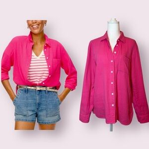 J. Crew Hot Pink Double Gauze Button Up Top Size Medium